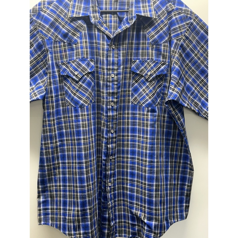 Plains Western Wear Men's XL Shirt Blue Black Plaid Pearl Snap Short Sleeve